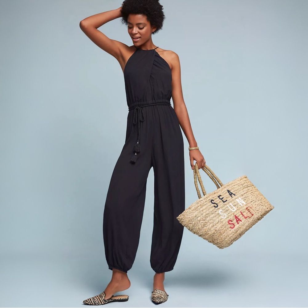 Anthropologie Elevenses North Beach Halter Sleeveless Jumpsuit in Black | Medium